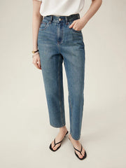 100% Cotton Cropped Jeans  Waist Straight Leg Denim Blue Pants