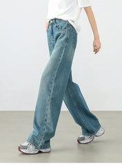 Cotton Jeans Pants Straight Vintage Denim High-waist Full-length Pockets Trousers