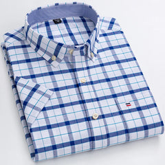 100% Pure Cotton  Oxford Short Sleeve Square Collar Solid Plaid Striped Shirt