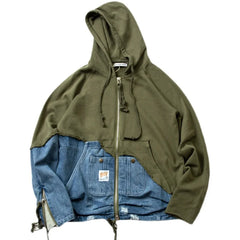 Denim Patchwork Sweatshirts Zipper Sleeve Pullover Hoodies
