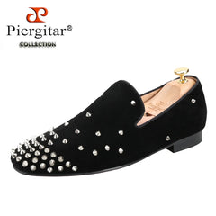 Black Cow Suede Slip-On Loafers With Handmade Silver Spikes