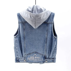 Hooded Vests Jean Short Waistcoat Large Size Cotton Zipper Denim Vest