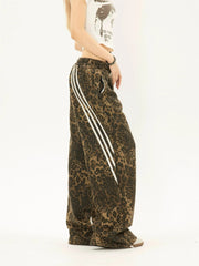 Side Spliced Striped Leopard Print Straight Pants
