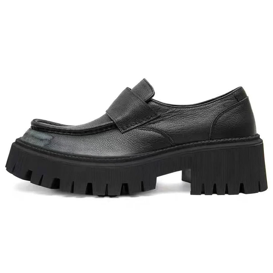 British Style Concise Thick High Heels Genuine Leather Shoes