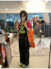 Vintage Embroidery Black Jeans Women