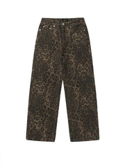 Baggy Leopard Print k Jeans Women High Waisted  Wide Leg Denim Pants