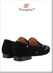 Black Cow Suede Slip-On Loafers With Handmade Silver Spikes
