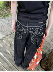 Vintage Embroidery Black Jeans Women