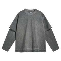 Dirty, dyed and worn fake two long-sleeved T-shirts