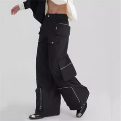Zipper decorated straight leg pants casual three-dimensional pocket loose