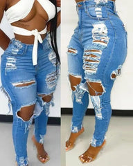 Denim Holes Jeans Washing Pencil Pants High Waist Zipper Fly Slim Fit