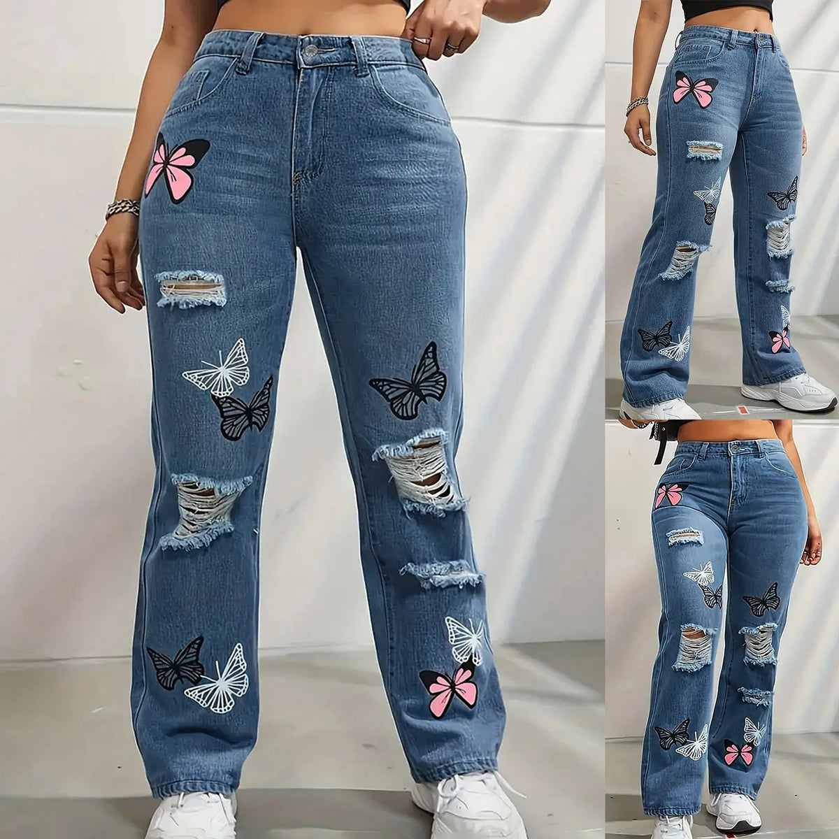 High Waist Button Up Butterfly Print Jeans Fashion