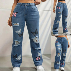High Waist Button Up Butterfly Print Jeans Fashion