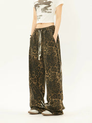 Side Spliced Striped Leopard Print Straight Pants