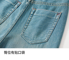 Cotton Jeans Pants Straight Vintage Denim High-waist Full-length Pockets Trousers