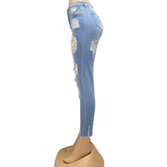 Denim Holes Jeans Washing Pencil Pants High Waist Zipper Fly Slim Fit