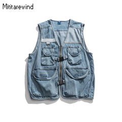 Vest High Street Casual Cargo Denim Vest V-neck