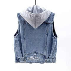 Hooded Vests Jean Short Waistcoat Large Size Cotton Zipper Denim Vest