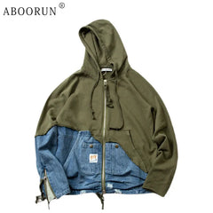 Denim Patchwork Sweatshirts Zipper Sleeve Pullover Hoodies