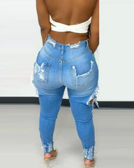 Denim Holes Jeans Washing Pencil Pants High Waist Zipper Fly Slim Fit