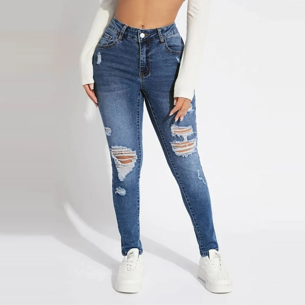 Elastic Waist Drawstring  Denim Jeans Fashion Skinny Slim Ankle-Length Pant