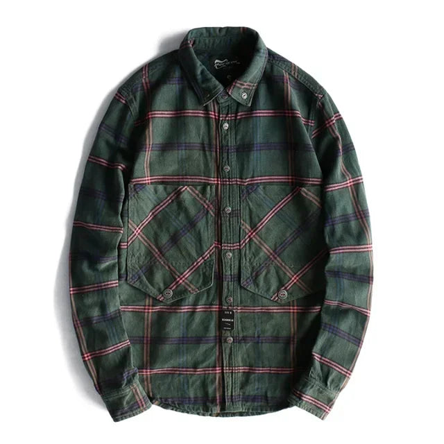 Workwear Plaid Washed Distressed Lapel Versatile Long Sleeve Shirt