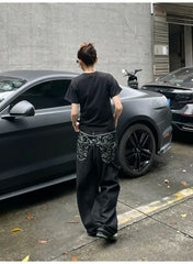 Vintage Embroidery Black Jeans Women