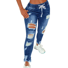 Ripped Elastic Waist Jeans Fashion Slim High Stretch Denim Pencil Pants
