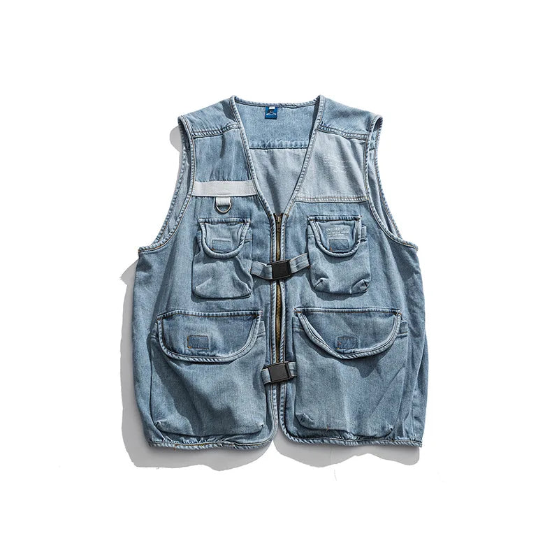 Vest High Street Casual Cargo Denim Vest V-neck
