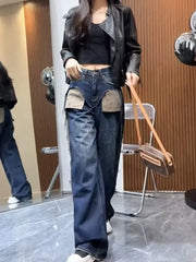 Straight-leg Jeans Women's High-waisted Slimming Loose-fit Bell Bottoms Pocket Outside Sewn