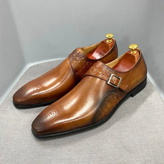 Luxury Alligator Print Handmade Genuine Calf Leather Monk Strap Shoes