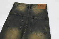 Street Personality Straight Tube Multi Pocket Work Clothes Jeans  Retro Pants