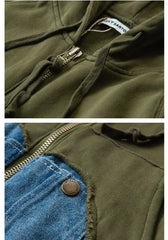 Denim Patchwork Sweatshirts Zipper Sleeve Pullover Hoodies