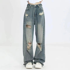 American Retro Hole-punched Jeans High Waist Straight-crotch Loose Slim Jean