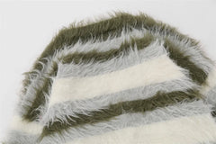 Striped Fleece-lined V-neck Sweater Jacket