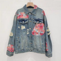 Handmade Lace Stitching Ripped Denim Coat American Style