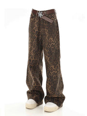 Baggy Leopard Print k Jeans Women High Waisted  Wide Leg Denim Pants