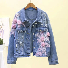 Embroidery Denim Short Jacket Applique Diamond Holes Coat