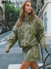 Locomotive Leather Jacket Skirts Vintage Lapel Zipper Pocket Overcoats Mini Skirt