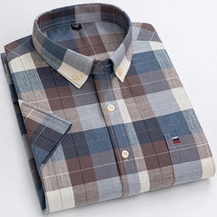 100% Pure Cotton  Oxford Short Sleeve Square Collar Solid Plaid Striped Shirt