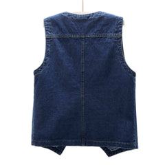 Sleeveless Denim Vest V Neck Button Jean Jacket Double Pocket