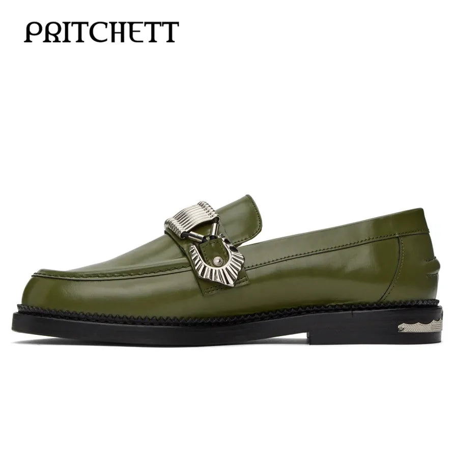 Slip-On Green Leather Loafers Shoes