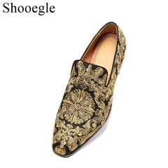 Stud Crystal Gold Shoes Embroidery Comfort Loafers Floral Flats Shoes