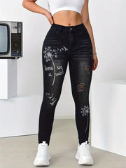 High Waisted Stretch Trousers Slim Fit Jeans Print Flower Pattern Wide