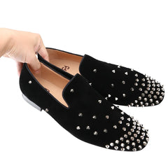 Black Cow Suede Slip-On Loafers With Handmade Silver Spikes
