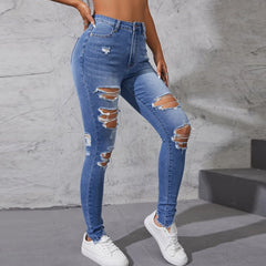 Hole Jeans  Ripped Skinny Raise Tail Push Up High Waist Denim Pants Trousers
