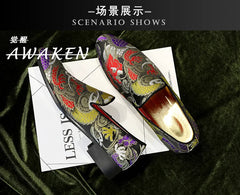 Embroidered Floral Loafers Men Smoking Slippers British Style