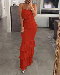 Womens Dresses 2024 Summer Fashion Temperament Solid Color Sexy Bandeau Sleeveless Slim Fit Shirred Ruffle Layered Long Dress