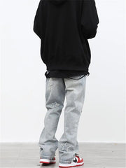 Embroidered Straight-leg Pants Button Pocket Washed Trousers