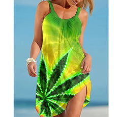 Vintage Green Leaf Print Dresses